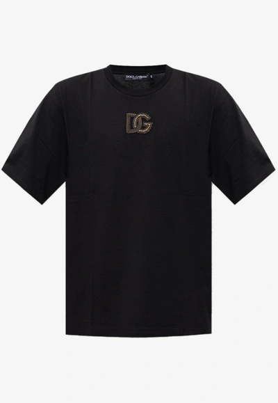 Shop Dolce & Gabbana Bead-embellished Logo Short-sleeved T-shirt In Black