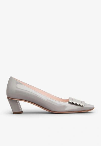 Shop Roger Vivier Belle Vivier 45 Metal Buckle Pumps In Patent Leather In Gray