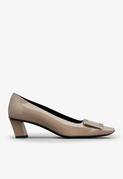 Shop Roger Vivier Belle Vivier 45 Metal Buckle Pumps In Patent Leather In Beige