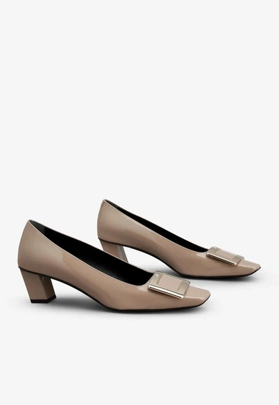 Shop Roger Vivier Belle Vivier 45 Metal Buckle Pumps In Patent Leather In Beige