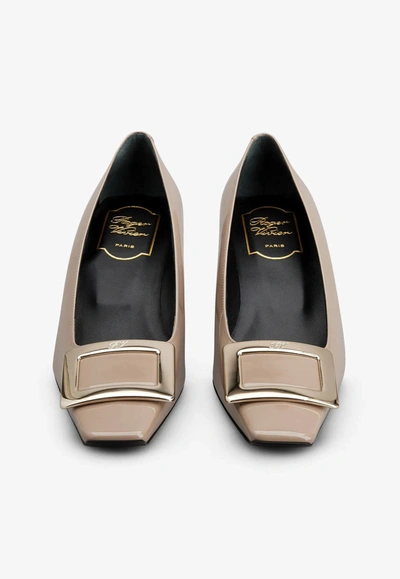 Roger Vivier Pointed Toe Pumps With Low Block Heel And Patent Finish In Beige
