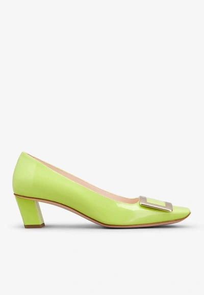 Shop Roger Vivier Belle Vivier 45 Metal Buckle Pumps In Patent Leather In Yellow