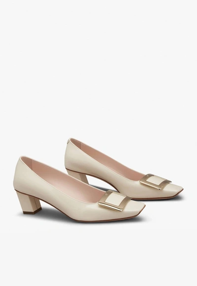 Shop Roger Vivier Belle Vivier 45 Metal Buckle Pumps In Patent Leather In Off-white