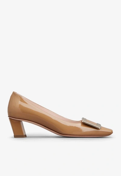 Shop Roger Vivier Belle Vivier 45 Metal Buckle Pumps In Patent Leather In Brown