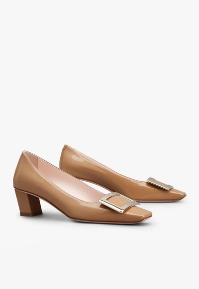 Roger Vivier Belle Vivier 45 Metal Buckle Pumps In Patent Leather In Brown