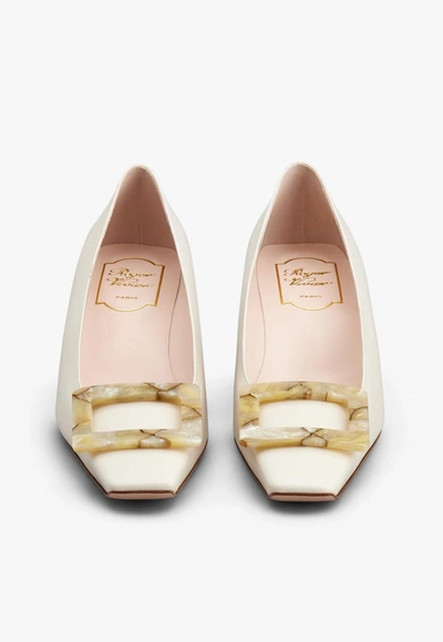 Shop Roger Vivier Belle Vivier 45 Mother-of-pearl Buckle Pumps In Leather In Off-white