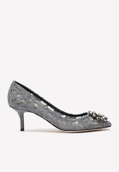 Shop Dolce & Gabbana Bellucci 60 Lace Pumps With Brooch Detail In Gray