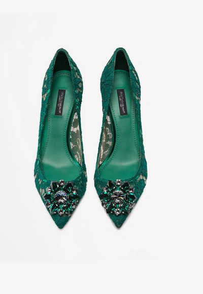 Shop Dolce & Gabbana Bellucci 60 Taormina Lace Pumps With Crystal Detail In Green