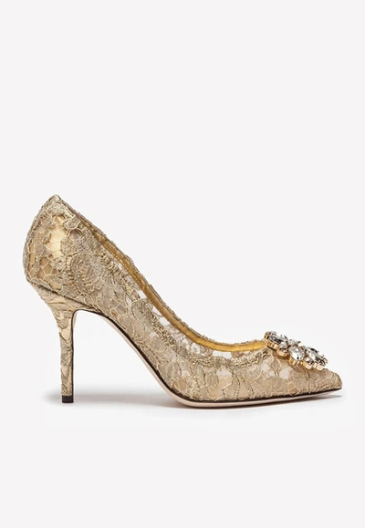 Shop Dolce & Gabbana Bellucci 90 Crystal-embellished Pumps In Lurex Lace In Gold