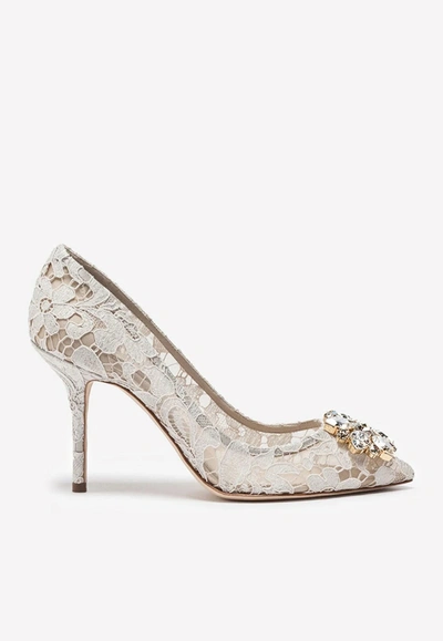 Shop Dolce & Gabbana Bellucci 90 Crystal-embellished Pumps In Taormina Lace In White
