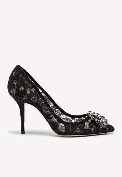 Shop Dolce & Gabbana Bellucci 90 Crystal-embellished Pumps In Taormina Lace In Black