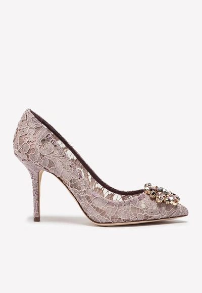 Shop Dolce & Gabbana Bellucci 90 Taormina Lace Pumps With Brooch Detail In Blush