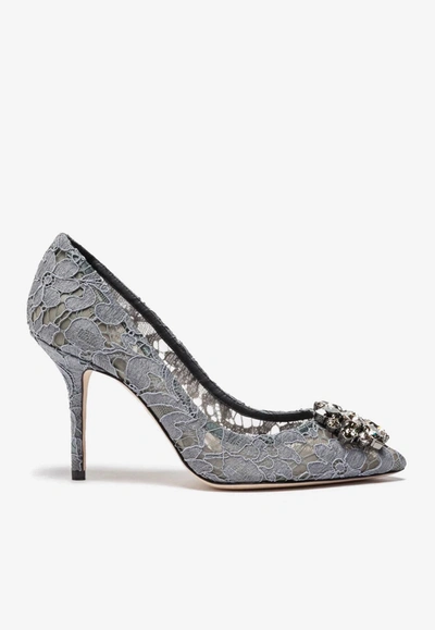 Shop Dolce & Gabbana Bellucci 90 Taormina Lace Pumps With Crystal Detail In Gray