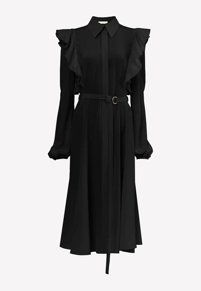 Shop Chloé Belted Midi Shirt Dresses In Silk In Black