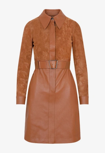 Shop Akris Belted Suede And Leather Shirt Dress In Brown