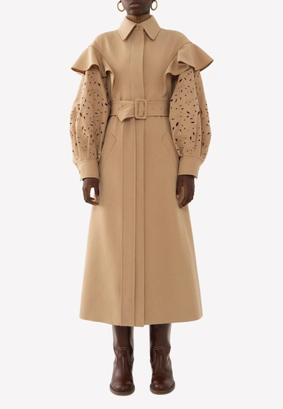 Shop Chloé Belted Wool Trench Coat With Ruffle Detail In Beige