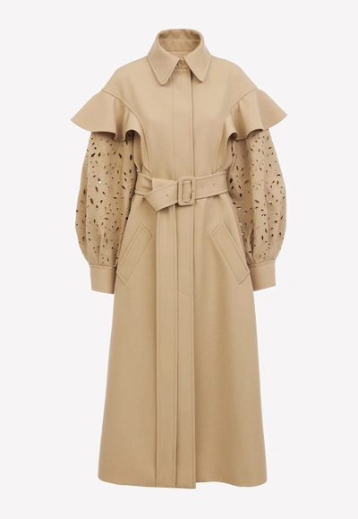 Shop Chloé Belted Wool Trench Coat With Ruffle Detail In Beige