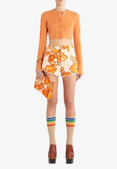 Shop Etro Berry Print Denim Shorts In Orange