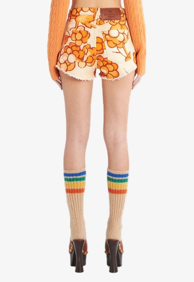 Etro Berry-print Denim Shorts In Orange
