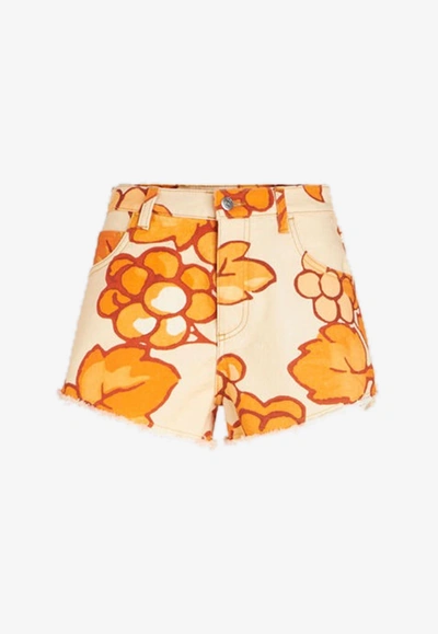 Etro Berry-print Denim Shorts In Orange
