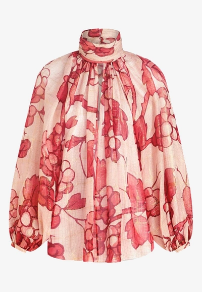 Etro Turtleneck Foil Grape-print Silk Blouse In Pink