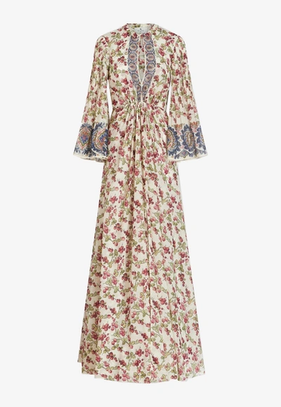 Etro Berry-print Flutter-sleeve Silk Gown In Multicolor