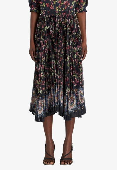 Etro Garden Party Pleated Midi Skirt In Multicolor
