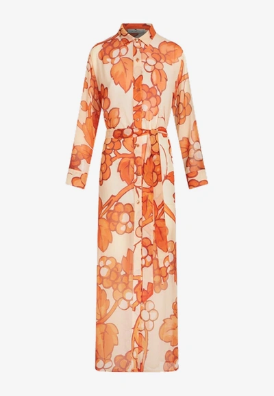 Etro Long Shirt Dress With Orange Berries Print In Orange