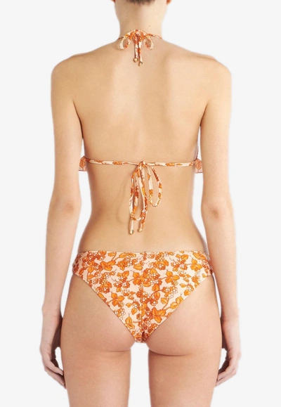 Etro Triangle Bikini With Ruffles And Orange Berries Pattern In Orange