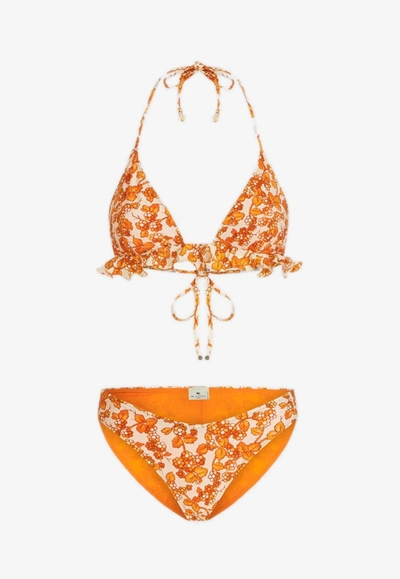 Etro Triangle Bikini With Ruffles And Orange Berries Pattern In Orange