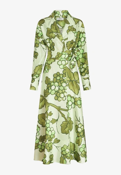 Etro Belted Printed Silk-twill Maxi Wrap Dress In Green