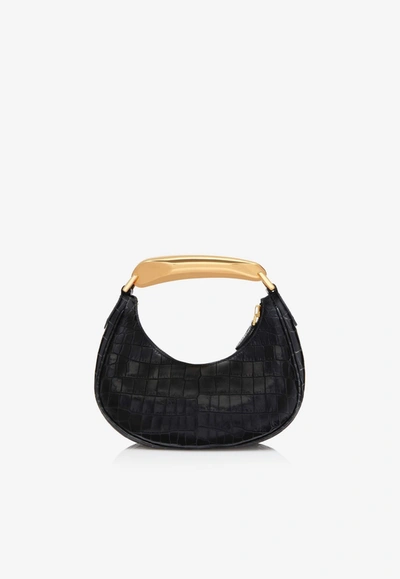 Shop Tom Ford Bianca Mini Hobo Bag In Croc-embossed Leather In Black