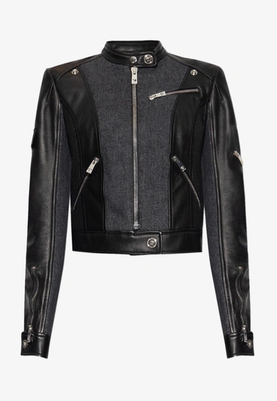 Shop Versace Biker Jacket In Denim And Leather In Black