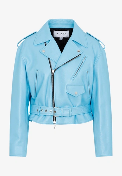 Shop Alaïa Biker Leather Jacket In Blue