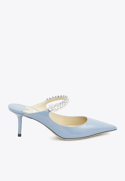 Shop Jimmy Choo Bing 65 Patent Leather Mules With Crystal Strap In Light Blue