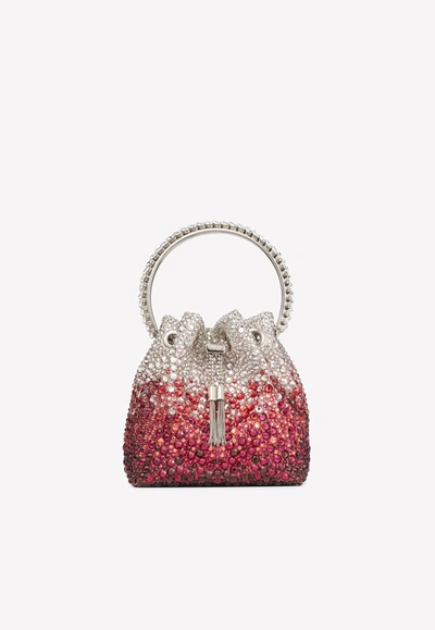 Shop Jimmy Choo Bon Bon Crystal Mesh Ombre Bucket Bag In Red