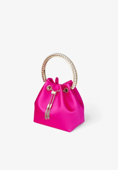 Shop Jimmy Choo Bon Bon Crystal-embellished Top Handle Bag In Satin In Fuchsia
