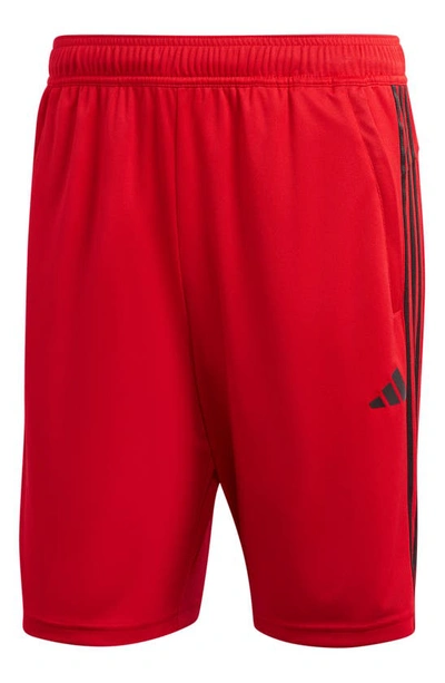 Shop Adidas Originals Piqué Recycled Polyester 3-stripe Training Shorts In Better Scarlet/ Black