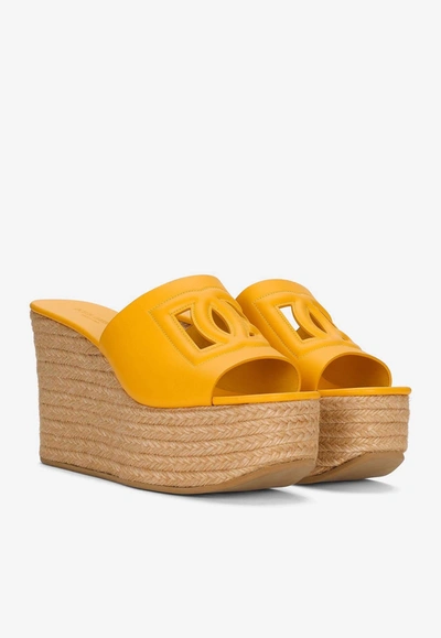 Shop Dolce & Gabbana Brigitte 60 Calf Leather Wedges Sandals In Yellow