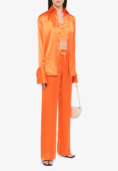 Shop Woera Button Up Long Sleeve Silk Shirt In Orange