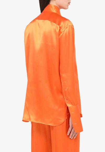 Shop Woera Button Up Long Sleeve Silk Shirt In Orange