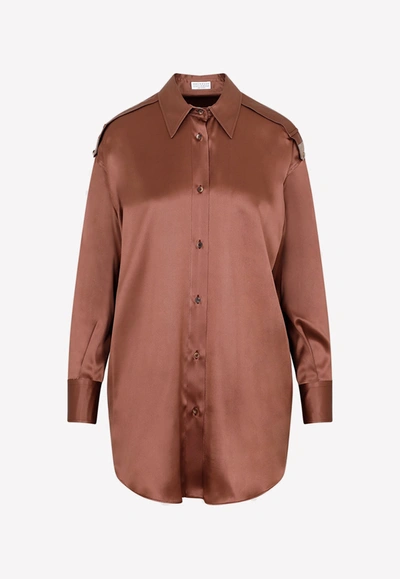 Shop Brunello Cucinelli Button-up Silk Shirt In Brown