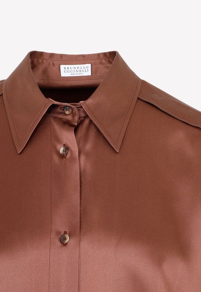 Shop Brunello Cucinelli Button-up Silk Shirt In Brown