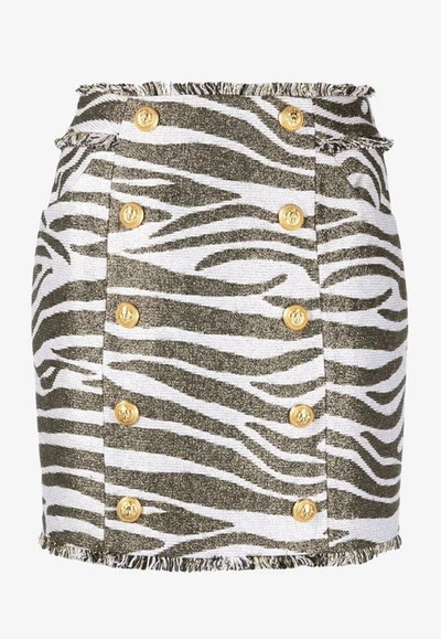 Shop Balmain Buttoned Lurex Zebra Mini Skirt In Monochrome