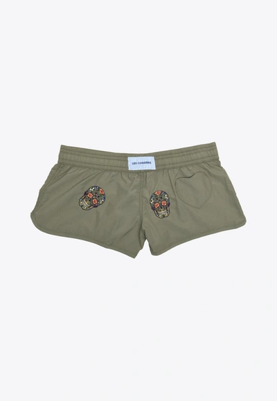 Shop Les Canebiers Byblos All-over Mexican Head Swim Shorts In Khaki In Green
