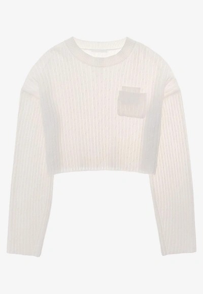 Shop Helmut Lang Cable-knit Cropped Sweater In Wool In White