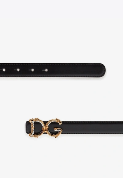 Dolce & Gabbana Calfskin Belt With Baroque Dg Logo 25 Mm In Black