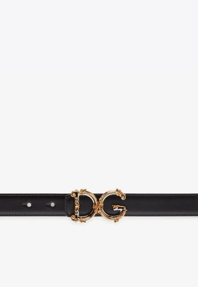 Dolce & Gabbana Calfskin Belt With Baroque Dg Logo 25 Mm In Black