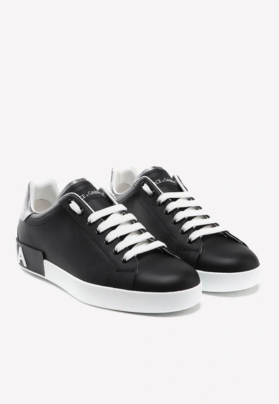 Dolce & Gabbana Portofino Sneakers In Black Leather With Silver Inserts In Black