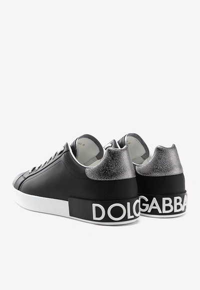 Dolce & Gabbana Portofino Sneakers In Black Leather With Silver Inserts In Black